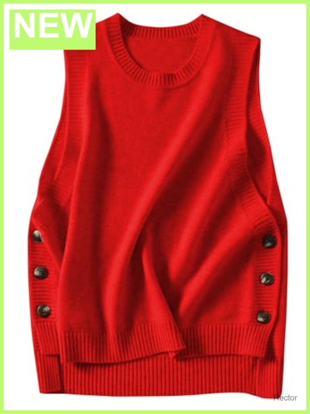 Sleeveless Ribbed Knit Sweater Vest Round Neck Button Side Split